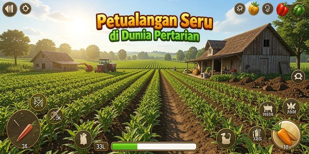 Tampilan gameplay seru dalam game Farming 33L dengan berbagai tanaman dan hewan.