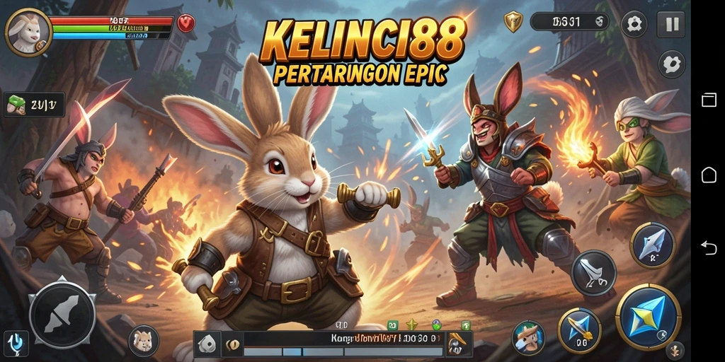 Screenshot menunjukkan pertarungan seru dalam KELINCI88 dengan kelinci yang beraksi.