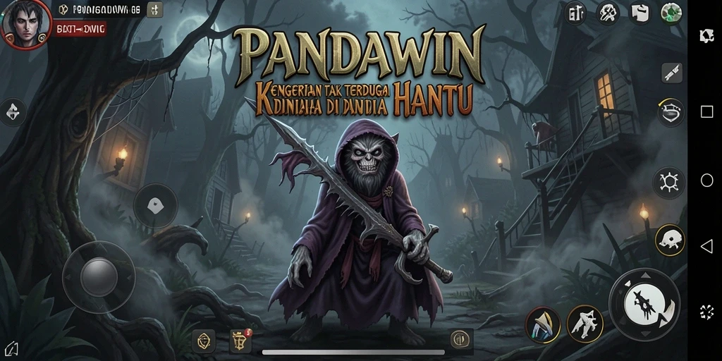 Screenshot gameplay PANDAWIN menampilkan suasana horror yang mencekam.