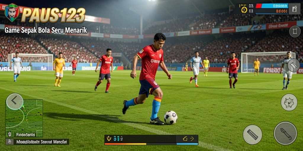 Tampilan gameplay menyerupai pertandingan sepak bola nyata yang seru.