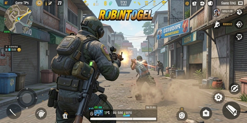 Gameplay seru di ROBINTOGEL dengan aksi baku tembak.