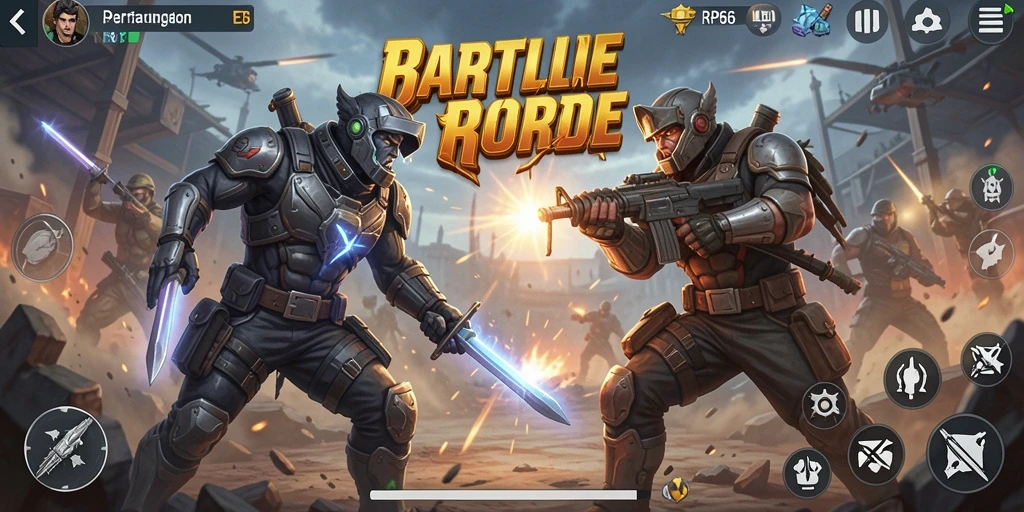 Screenshot gameplay RP66 menunjukkan aksi mendebarkan di medan perang Battle Royale.