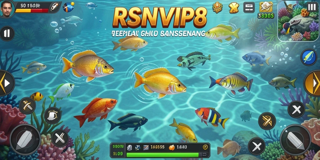 Tampilan gameplay RSNVIP8 menampilkan aksi menembak ikan yang seru dan dinamis.