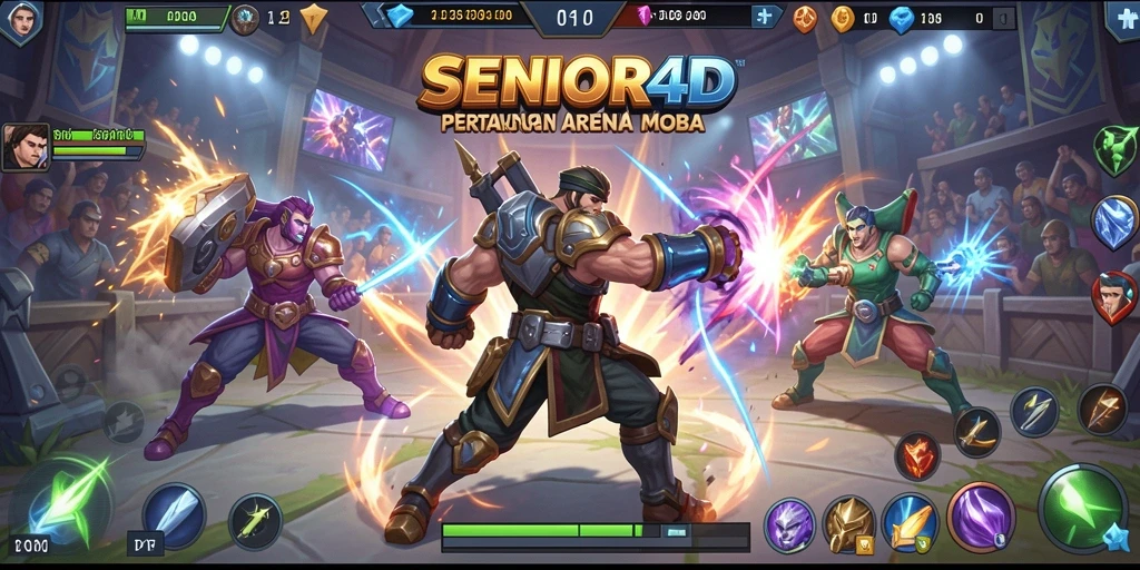 Screenshot gameplay utama SENIOR4D yang menampilkan aksi seru pertarungan MOBA.