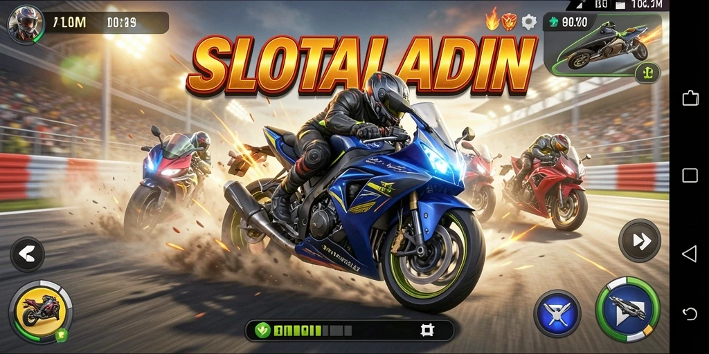 Tampilan menarik dari gameplay SLOTALADIN yang penuh aksi balap motor.